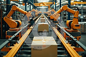 Robot arms in a warehouse preparing boxes for delivery on a conveyor belt.