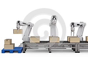 Robot arms working with cardboard boxes