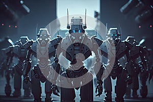 Robot army or group of cyborgs advanced robot soldiers