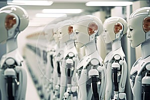 robot army or group of cyborgs in factory