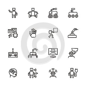 Robot, artificial intelligence, automation line icon set