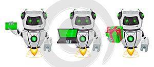 Robot with artificial intelligence, bot, set of three poses. Funny cartoon character holds blank business card, holds laptop and