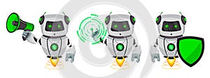 Robot with artificial intelligence, bot, set of three poses. Funny cartoon character holds loudspeaker, holds shield and points on