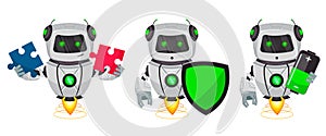 Robot with artificial intelligence, bot, set of three poses. Funny cartoon character holds puzzle, holds shield and holds battery