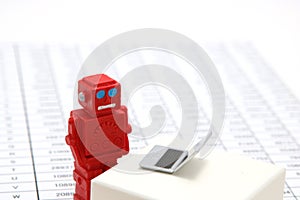 Robot or artificial intelligence and laptop on the number of tables in document.
