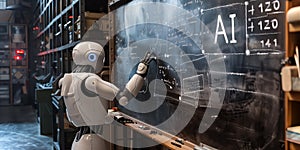 A robot with artificial intelligence learning or solving problems on a blackboard
