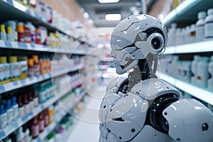 robot as a pharmacist in a pharmacy, holding boxes with tablets, blurred background. Artificial intelect in future life