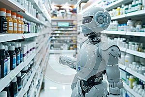 robot as a pharmacist in a pharmacy, holding boxes with tablets, blurred background. Artificial intelect in future life