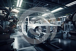 robot on assembly line, assembling car part