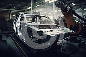 robot on assembly line, assembling car part
