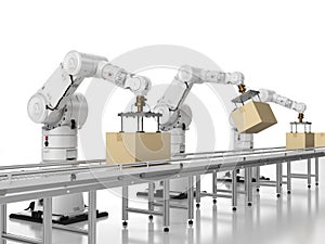 Robot assembly line with cardboard boxes