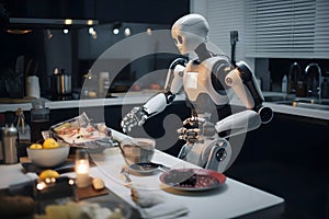 Robot assistance cooking something at the kitchen. Artificial intelligence helping people with housework. Futuristic concept.