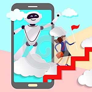 robot assistant in business from screen of mobile device prompts head direction for movement to success