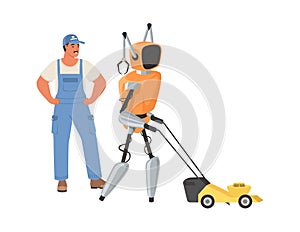 Robot assistant help to mow lawn vector illustration