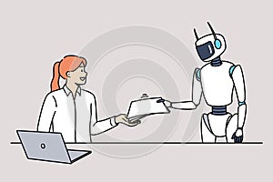 Robot assistant helps woman office worker by handing over documents and eliminating paperwork