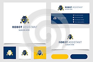 Robot assistant logo design with editable slogan. Branding book and business card template.