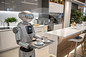 Robot assistant serving coffee in modern kitchen