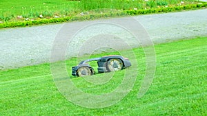 Robot automatic lawn mower mows the grass.