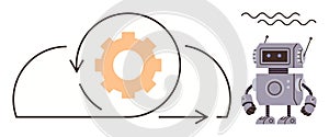 Robot with Automation Gear and Arrows Representing Workflow Integration and Process Efficiency