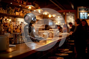 Robot barman at the counter serves customers in a bar or pub