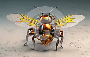Robot bee with wings spread out. Fantasy, Minimal, Clean, 3D Render, Surrealistic, Photographic Style, illustration, Close Up.