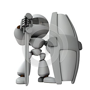 A robot with a big sword and shield. It represents security.