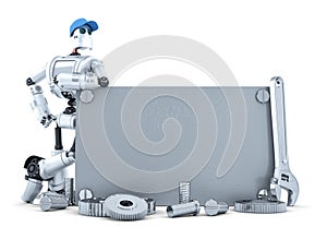 Robot with blank metallic banner. . Contains clipping path photo