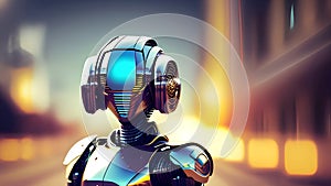 A robot with a blue face stands in front of a blurred background