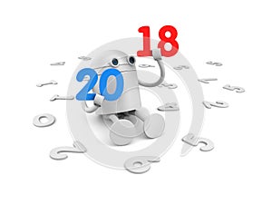 Robot with blue numbers - 2018. New year metaphor