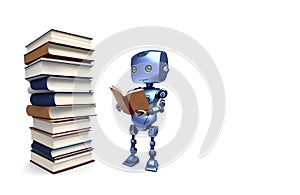 Robot with a book in his hands and a large stack of books on a white background.Knowledge of electronic intelligence.ai