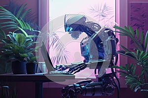 Robot bot with computer. New technologies. Artificial intelligence. GPT Chat. openAI. Wallpaper. Background.