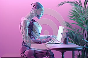 Robot bot with computer. New technologies. Artificial intelligence. GPT Chat. openAI. Wallpaper. Background.