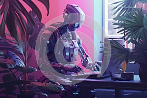 Robot bot with computer. New technologies. Artificial intelligence. GPT Chat. openAI. Wallpaper. Background.