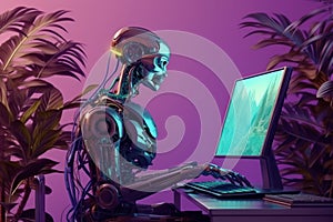 Robot bot with computer. New technologies. Artificial intelligence. GPT Chat. openAI. Wallpaper. Background.