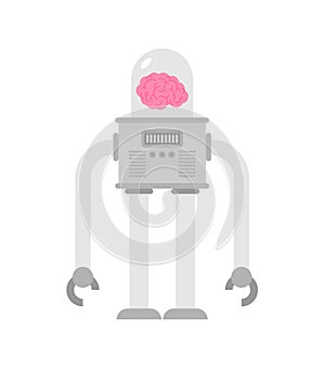 Robot with brain artificial intelligence. Retro cyborg and human brains. AI concept in retro style