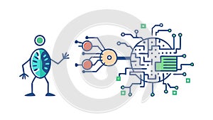 Robot-brain interface, symbolizing artificial intelligence and neural networks, vector design Generative AI