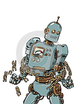 a robot breaks the chains, a symbol of freedom and struggle against economic and political ties. Citizen and his rights