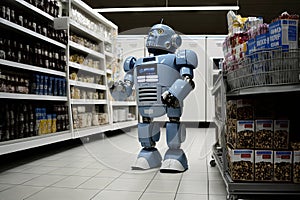 robot, browsing aisles in kitchen store, selecting new appliances