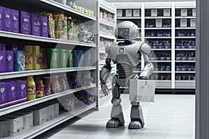 robot, browsing aisles in kitchen store, selecting new appliances