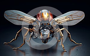 Robot bug with wings spread out. Fantasy, Minimal, Clean, 3D Render, Surrealistic, Photographic Style, illustration, Close Up.
