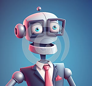 Robot businessman avatar, closeup portrait of android in buseness suit and glasses over blue background, generative AI