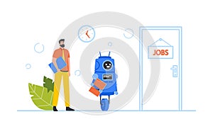 Robot and Businessman with Cv in Hand Waiting Invitation for Job Interview at Lobby. Human and Machine Characters Hiring