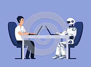 Robot and businessman. Robots vs human, future replacement conflict. Ai, artificial intelligence vector concept