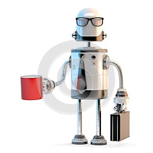 Robot businessman in suit and eyeglasses holding cup of coffee. 3D illustration. Isolated