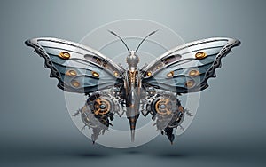 Robot butterfly with wings spread out. Fantasy, Minimal, Clean, 3D Render, Surrealistic, Photographic Style, illustration, Close