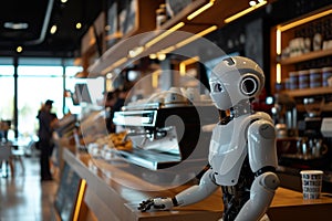 the robot in the cafe as a waiter on blurred background. Artificial intelect in future life.