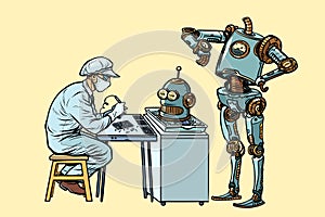 The robot came to repair the head. Electronics engineer speciali