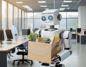 Robot with cardboard box in office - new beginnings or endings