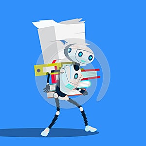 Robot Is Carrying Stack Of Office Folders Vector. Isolated Illustration