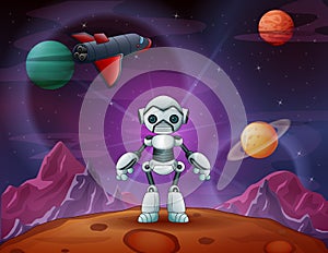 Robot cartoon in outer space with a plane